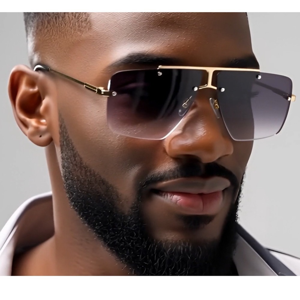 Men's Oversized Rimless Shield Sunglasses Gold Double Bridge Gradient Lenses New